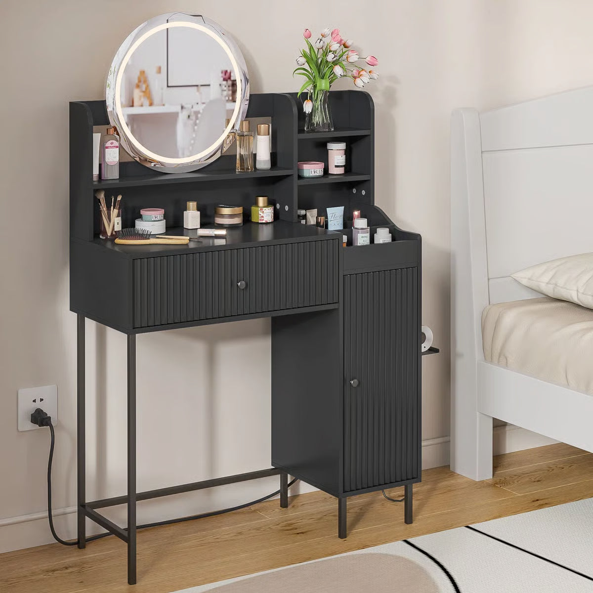 Reseta Makeup Vanity Desk with LED Light Mirror, Drawer, USB Power Outlet- OUCH CART |Dressing table