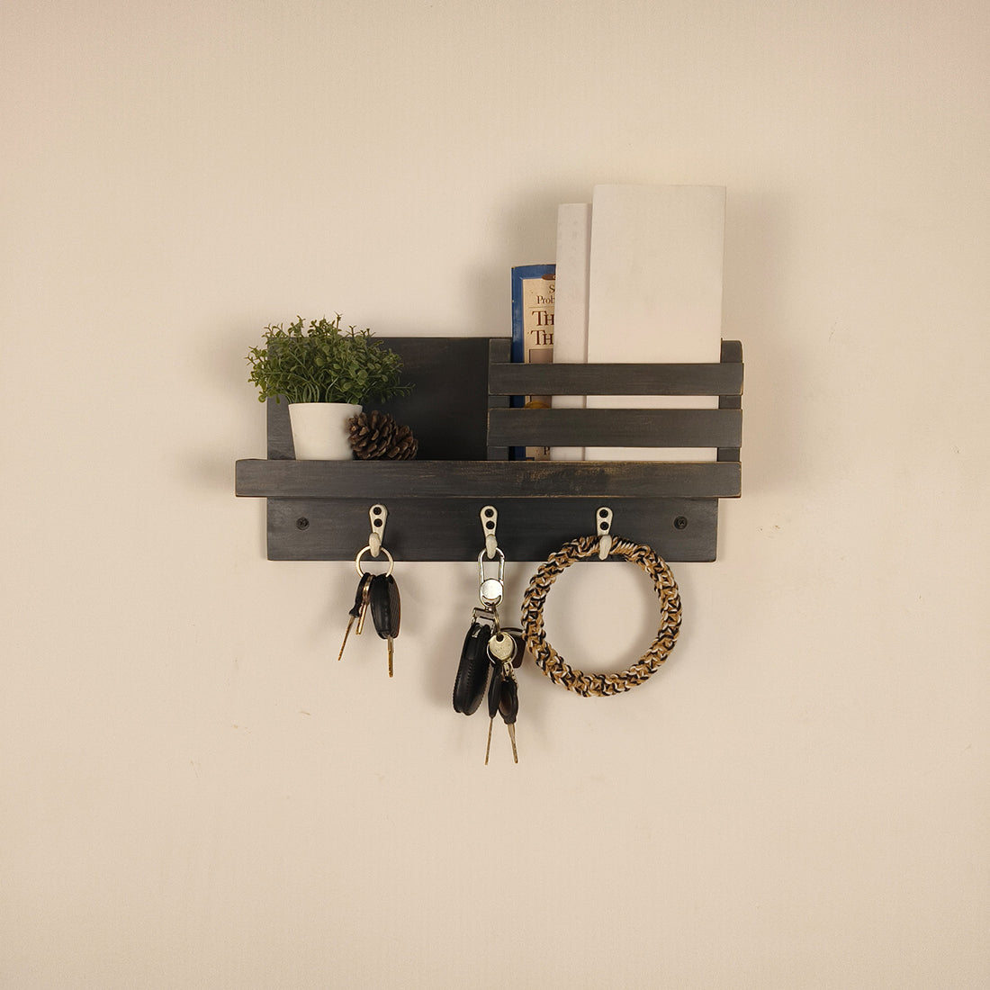 Richmond Wooden Wall Shelf Organiser with Key Holders-OUCH CART | Wall hanging