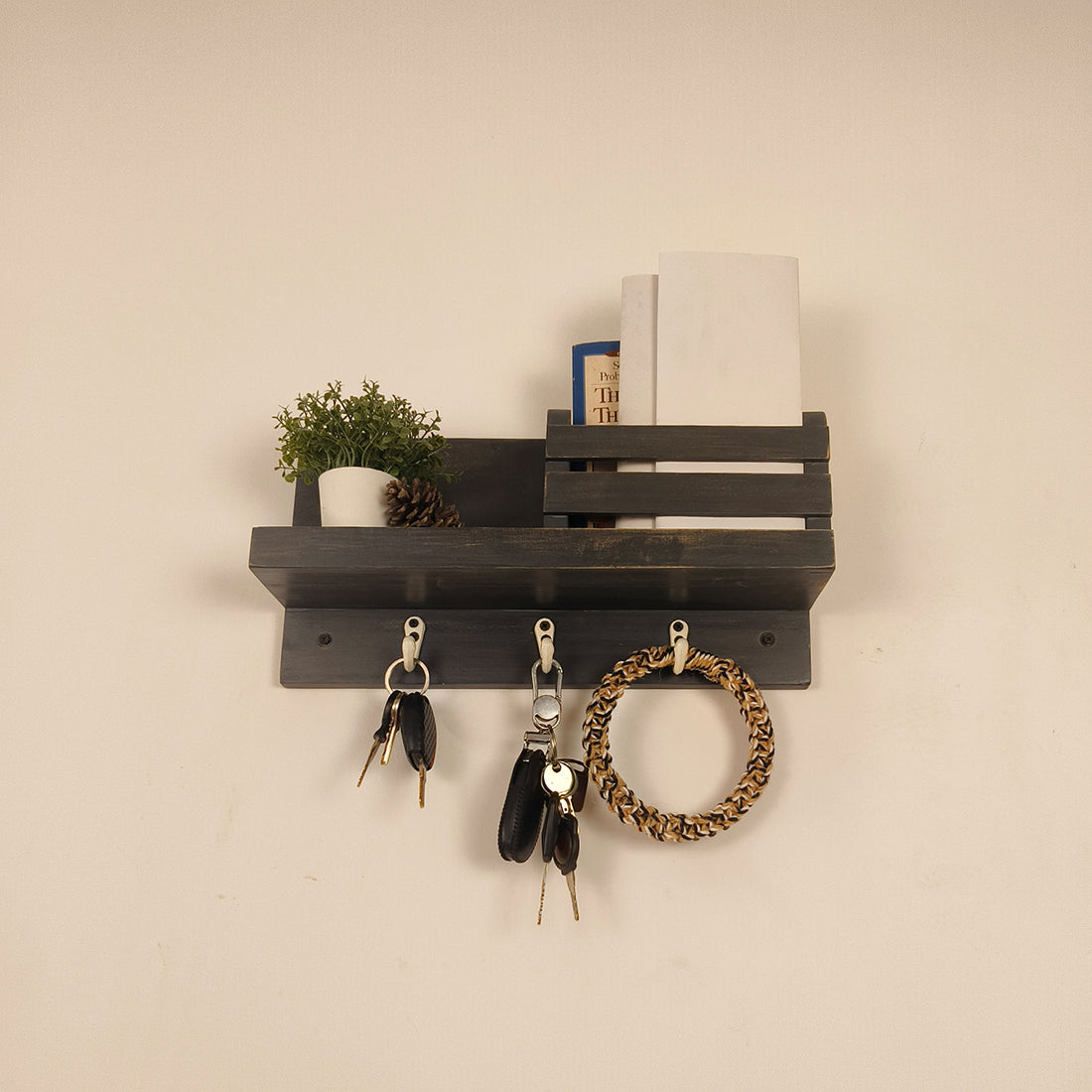 Richmond Wooden Wall Shelf Organiser with Key Holders-OUCH CART | Wall hanging