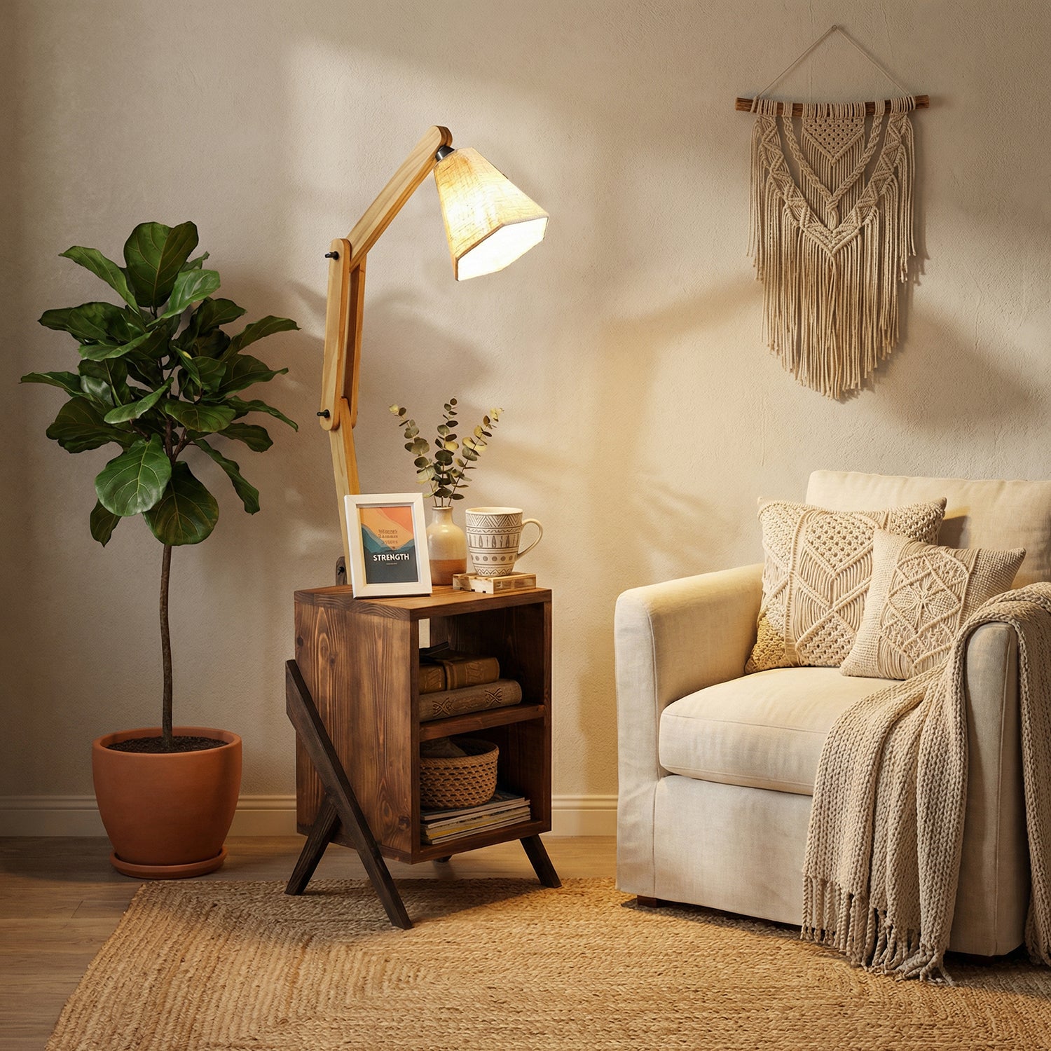 Ronan Wooden Floor Lamp with Brown Base and Jute Fabric Lampshade (BULB NOT INCLUDED)