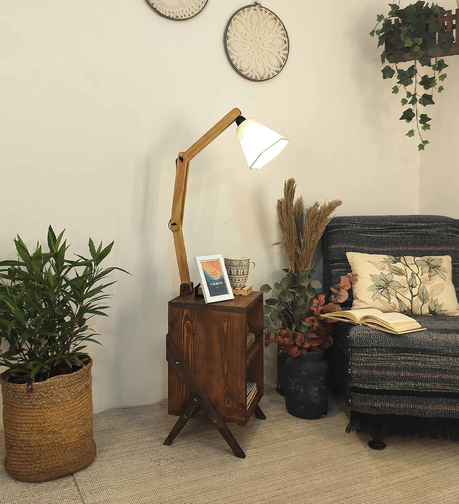 Ronan Wooden Floor Lamp with Brown Base and Jute Fabric Lampshade (BULB NOT INCLUDED)