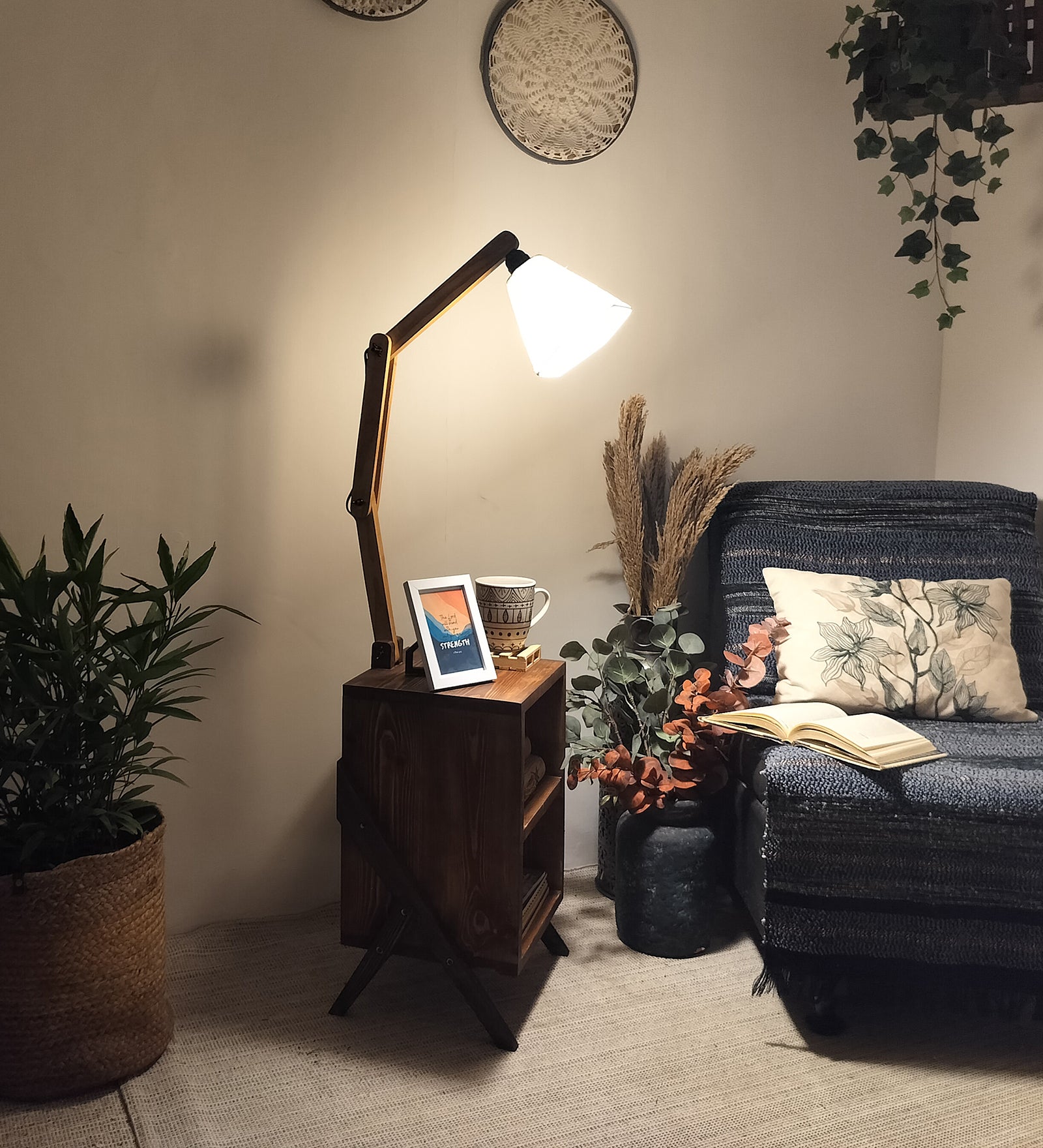 Ronan Wooden Floor Lamp with Brown Base and Jute Fabric Lampshade (BULB NOT INCLUDED)