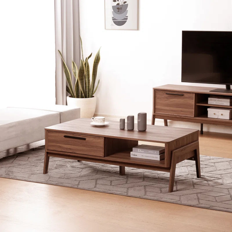 Modern Storage Coffee Table with Sliding Door & Hidden Compartments – Rectangular Wood Finish Center Table