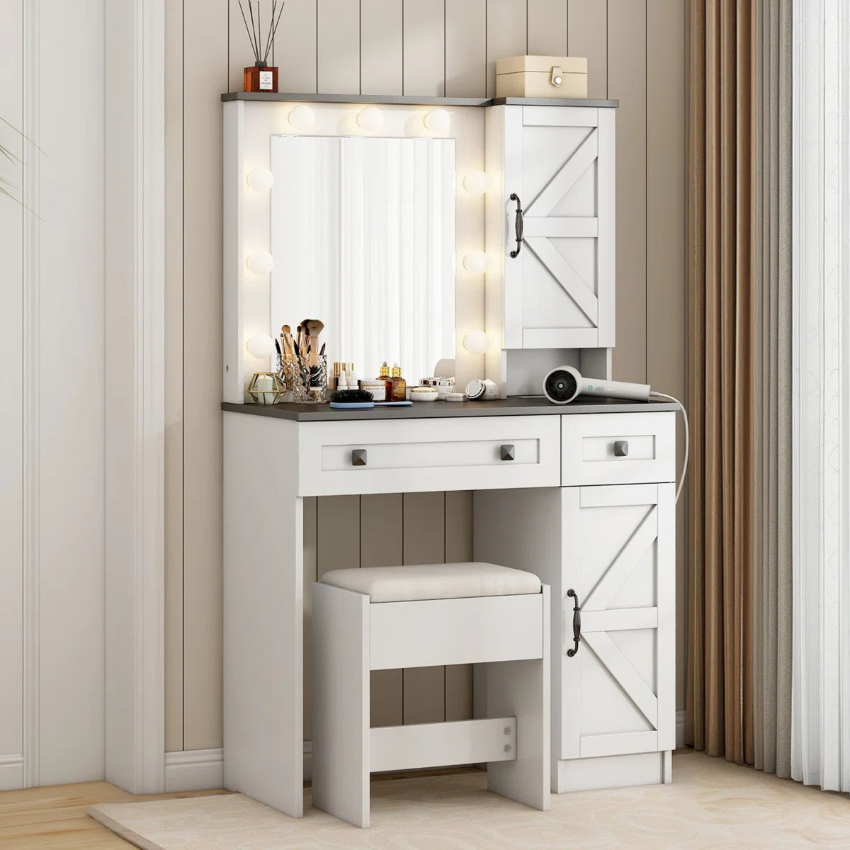 Rontae 31.5" White Makeup Vanity Desk with Drawers and Built-In Power Outlet-OUCH CART |Dressing table