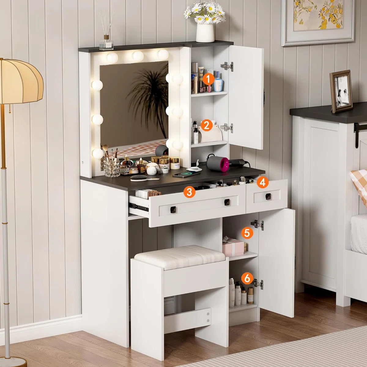 Rontae 31.5" White Makeup Vanity Desk with Drawers and Built-In Power Outlet-OUCH CART |Dressing table