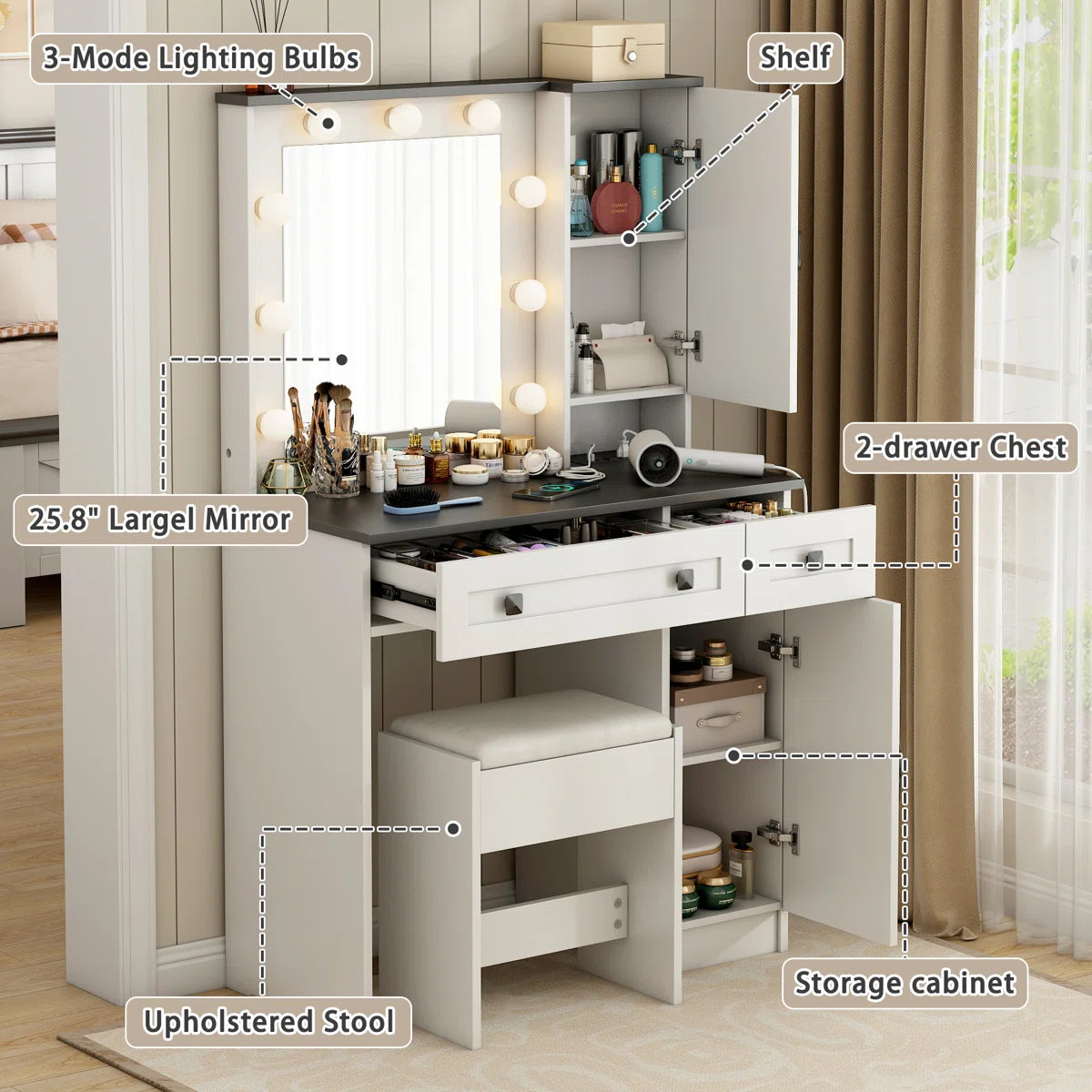 Rontae 31.5" White Makeup Vanity Desk with Drawers and Built-In Power Outlet