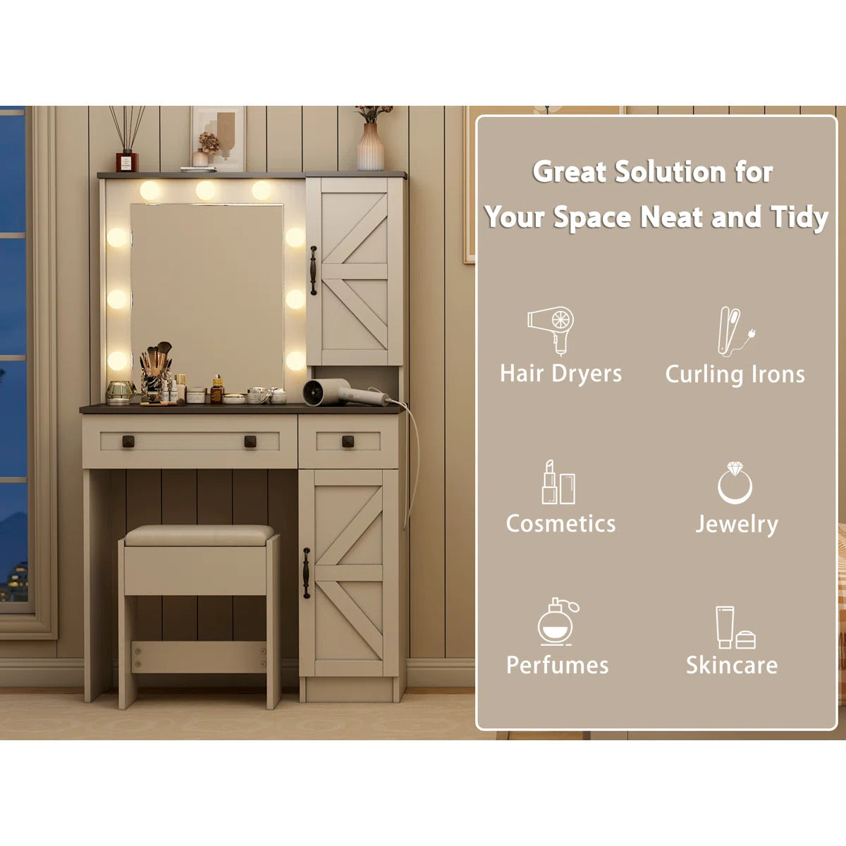 Rontae 31.5" White Makeup Vanity Desk with Drawers and Built-In Power Outlet