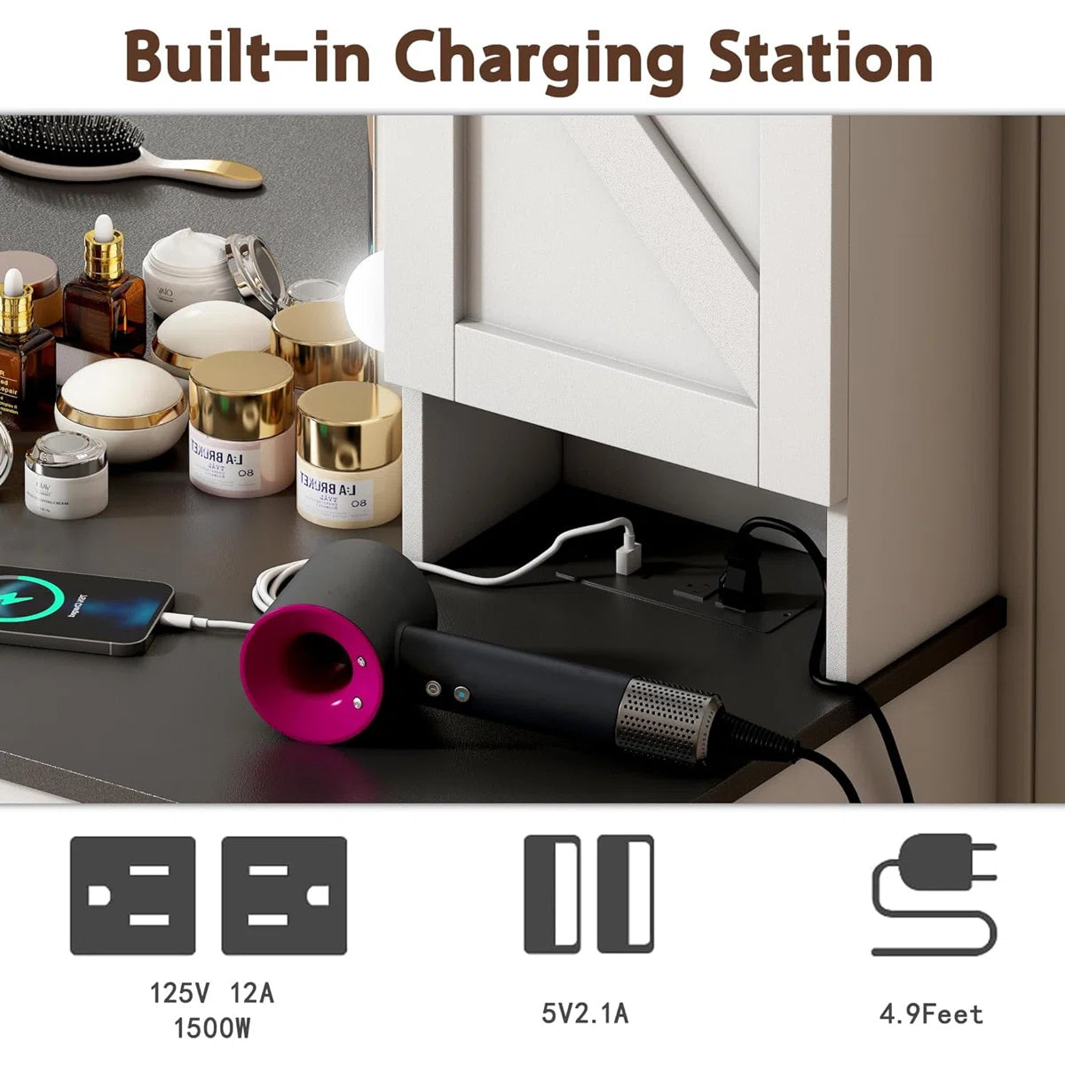 Rontae 31.5" White Makeup Vanity Desk with Drawers and Built-In Power Outlet-OUCH CART |Dressing table