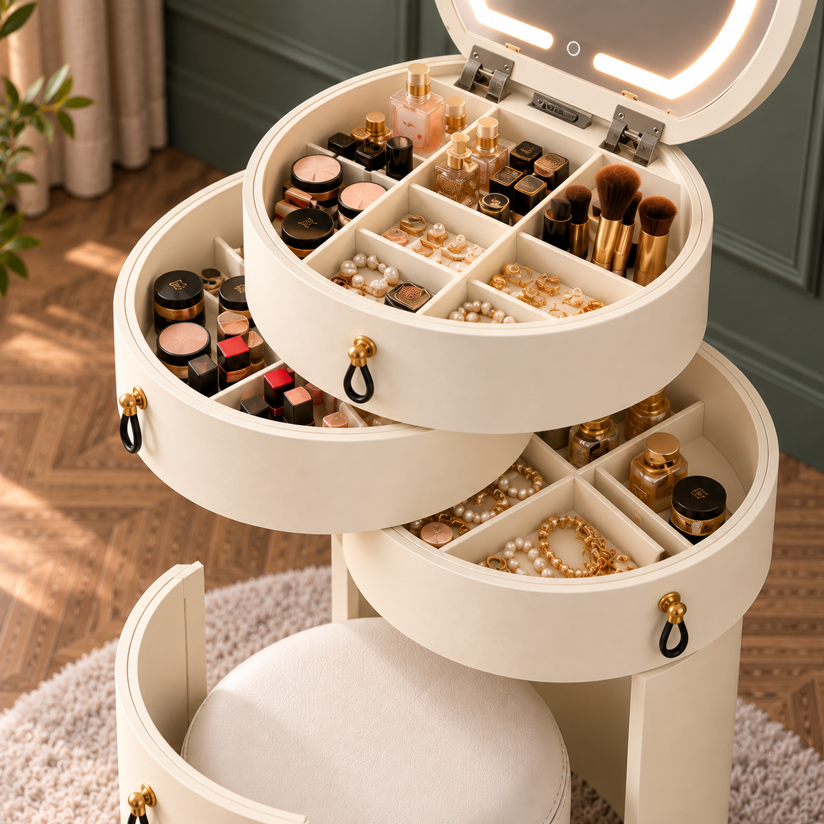 Rotating Makeup Organizer with LED Mirror | 3-Tier Jewelry & Cosmetic Storage Cabinet with Stool