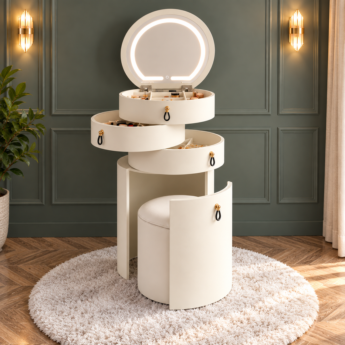Rotating Makeup Organizer with LED Mirror | 3-Tier Jewelry & Cosmetic Storage Cabinet with Stool