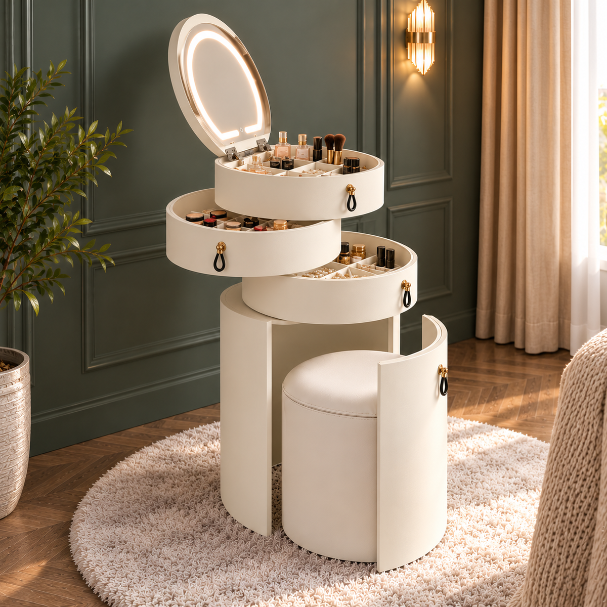 Rotating Makeup Organizer with LED Mirror | 3-Tier Jewelry & Cosmetic Storage Cabinet with Stool