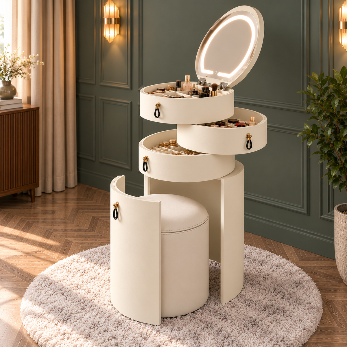 Rotating Makeup Organizer with LED Mirror | 3-Tier Jewelry & Cosmetic Storage Cabinet with Stool