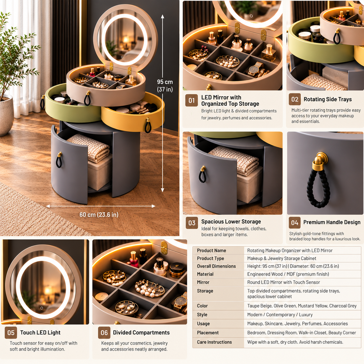 Rotating Makeup Organizer with LED Mirror  Multi-Tier Vanity Storage Cabinet for Makeup, Jewelry & Accessories