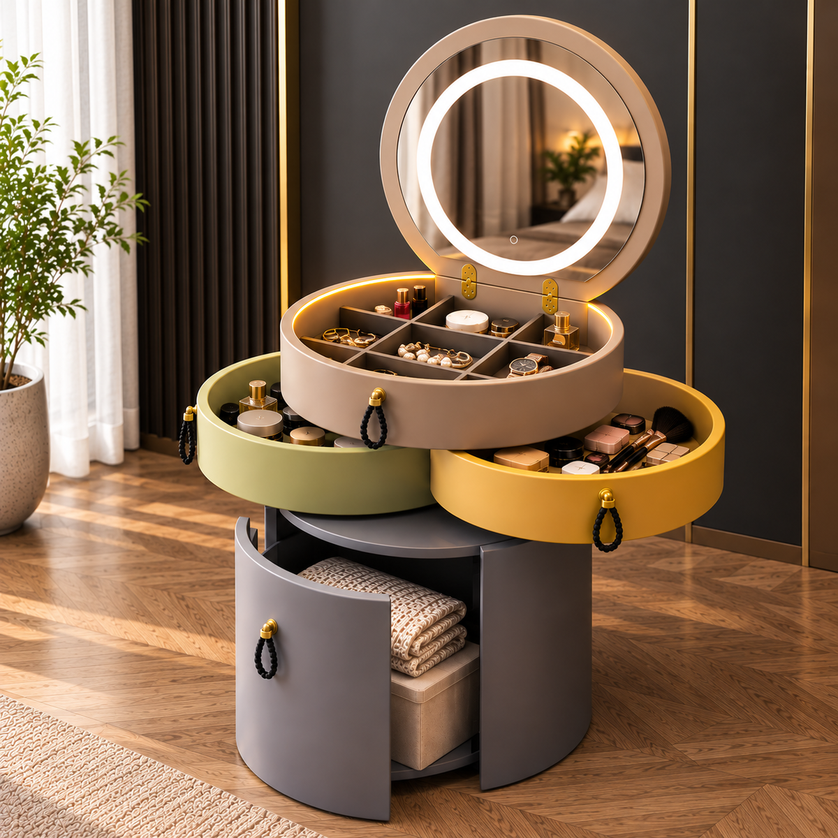 Rotating Makeup Organizer with LED Mirror  Multi-Tier Vanity Storage Cabinet for Makeup, Jewelry & Accessories