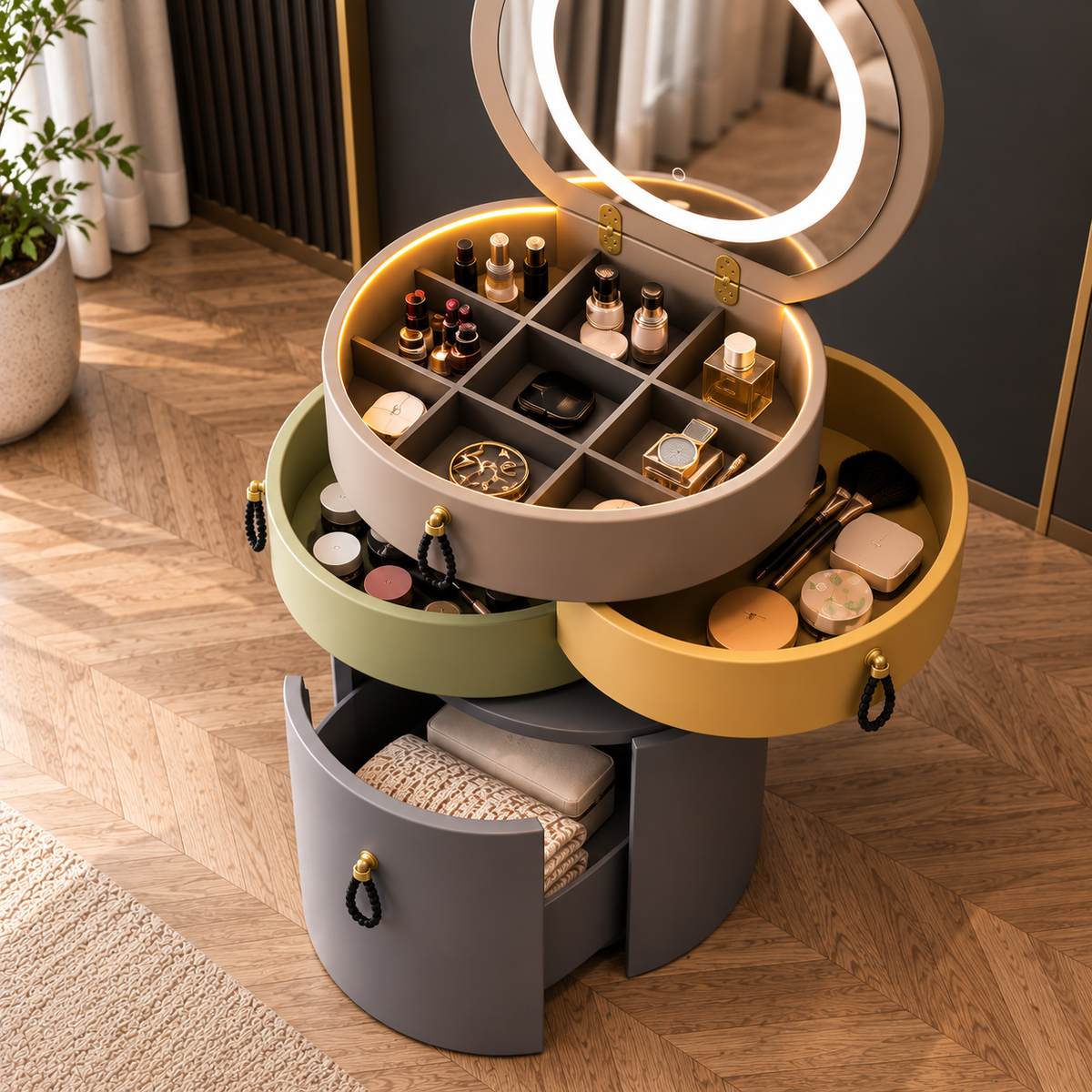Rotating Makeup Organizer with LED Mirror  Multi-Tier Vanity Storage Cabinet for Makeup, Jewelry & Accessories