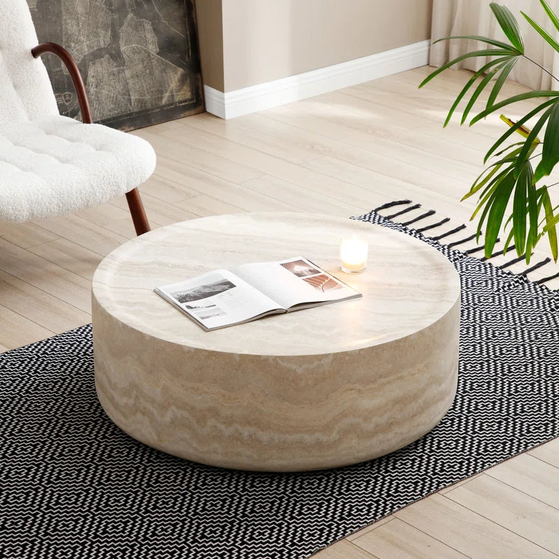 Modern Round Fiberglass Coffee Table with Faux Marble Finish | Luxury Drum-Shaped Center Table for Living Room