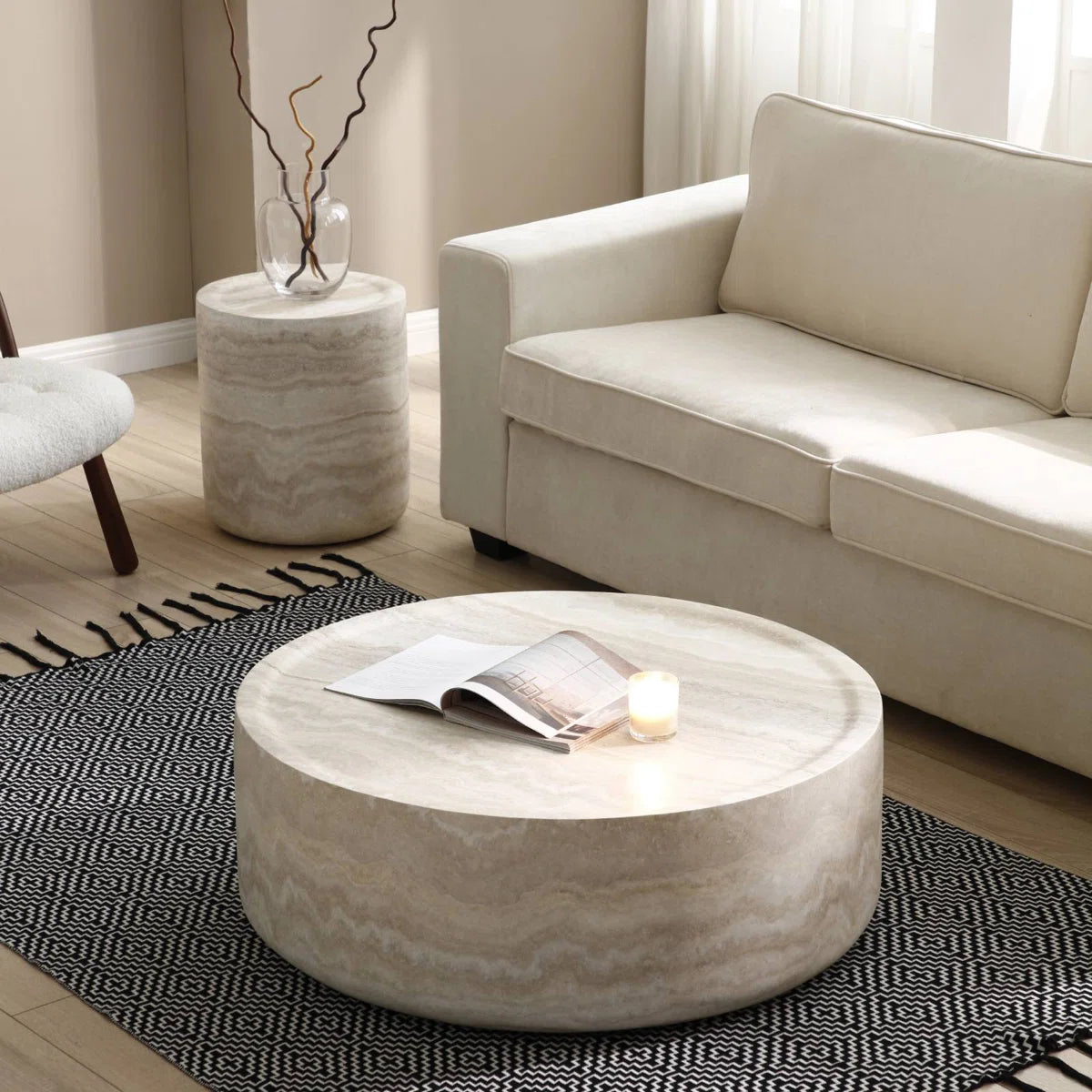 Modern Round Fiberglass Coffee Table with Faux Marble Finish | Luxury Drum-Shaped Center Table for Living Room