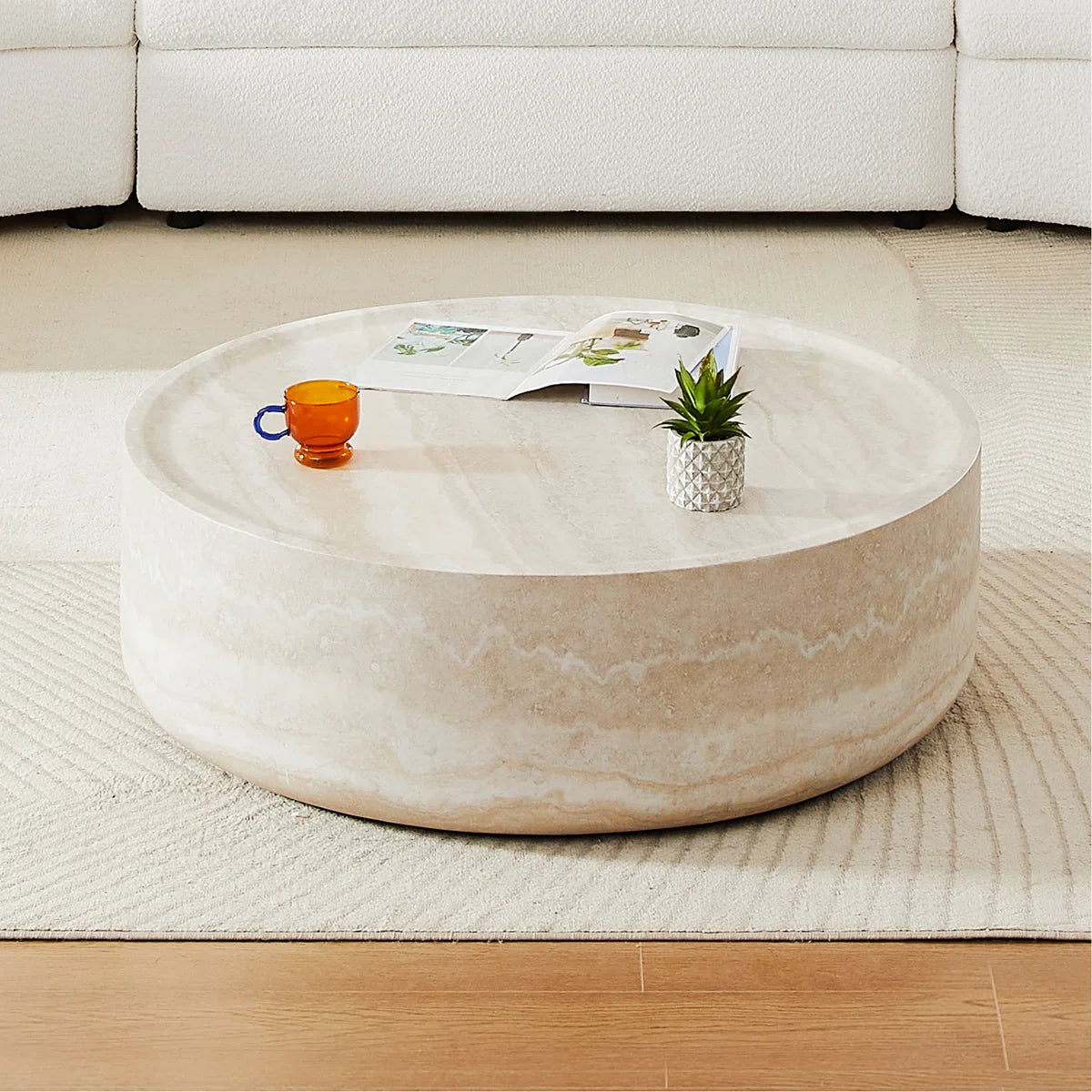 Modern Round Fiberglass Coffee Table with Faux Marble Finish | Luxury Drum-Shaped Center Table for Living Room