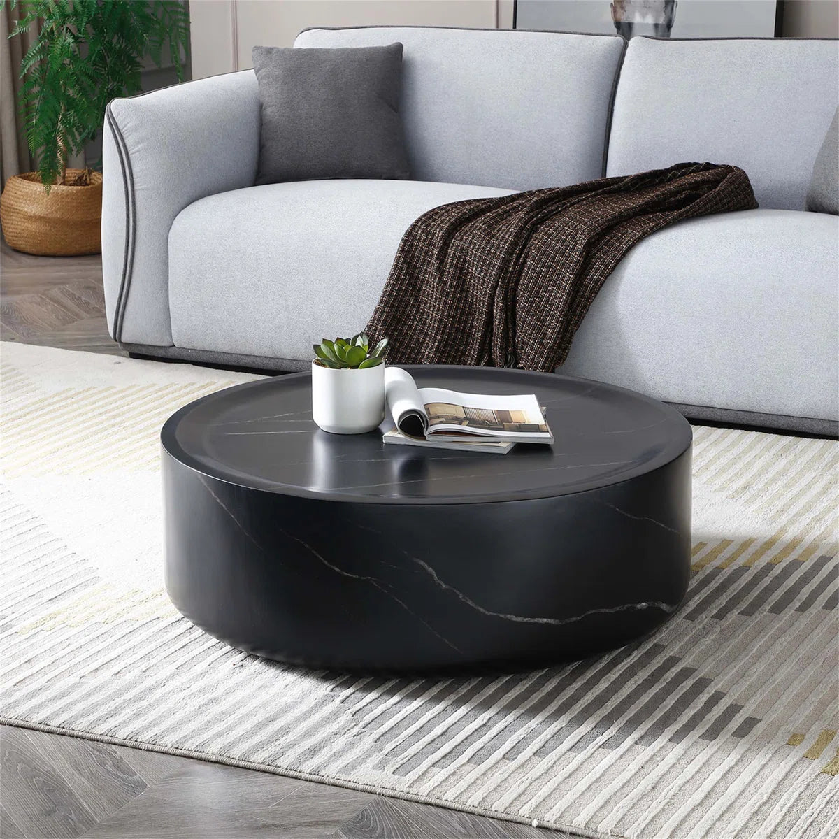 Modern Round Fiberglass Coffee Table with Faux Marble Finish | Luxury Drum-Shaped Center Table for Living Room