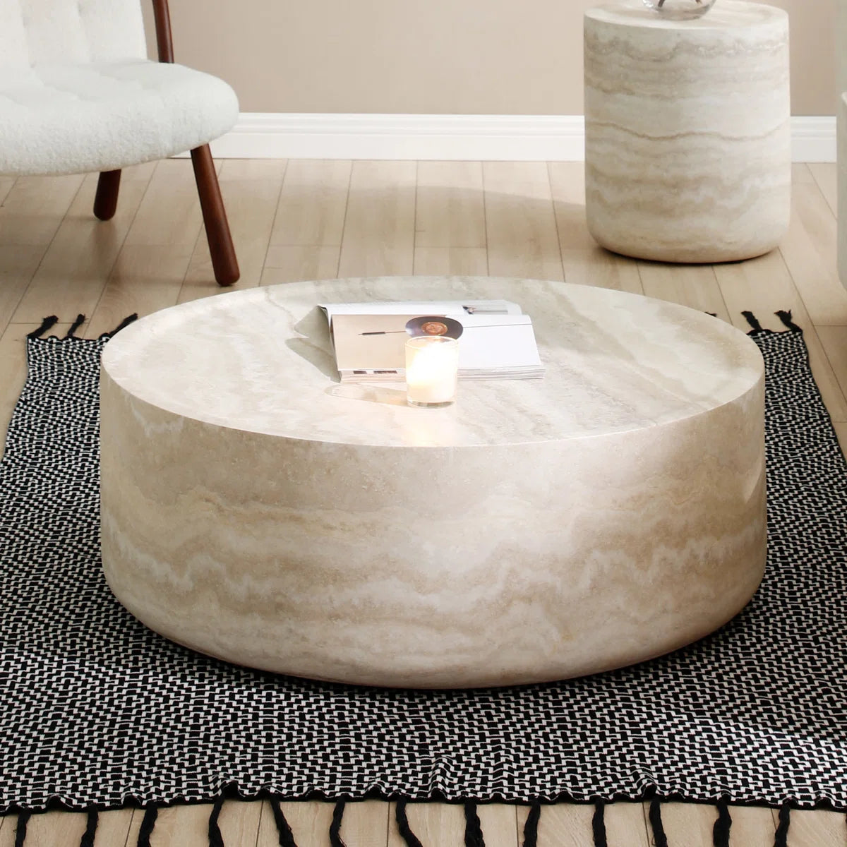 Modern Round Fiberglass Coffee Table with Faux Marble Finish | Luxury Drum-Shaped Center Table for Living Room