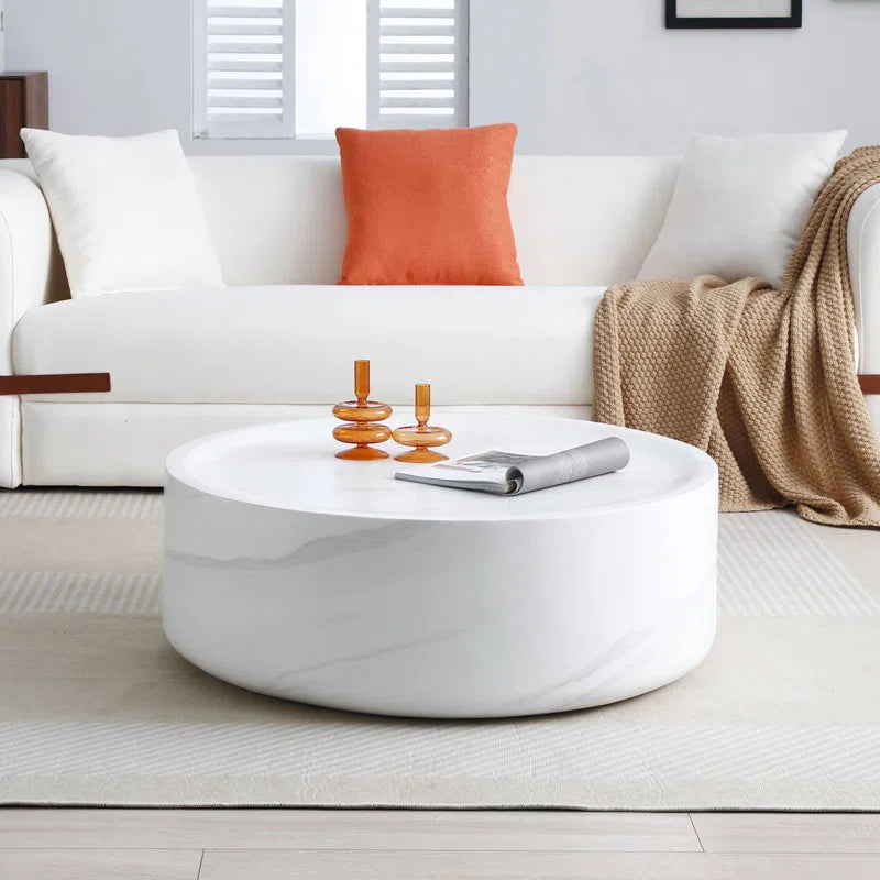Modern Round Fiberglass Coffee Table with Faux Marble Finish | Luxury Drum-Shaped Center Table for Living Room