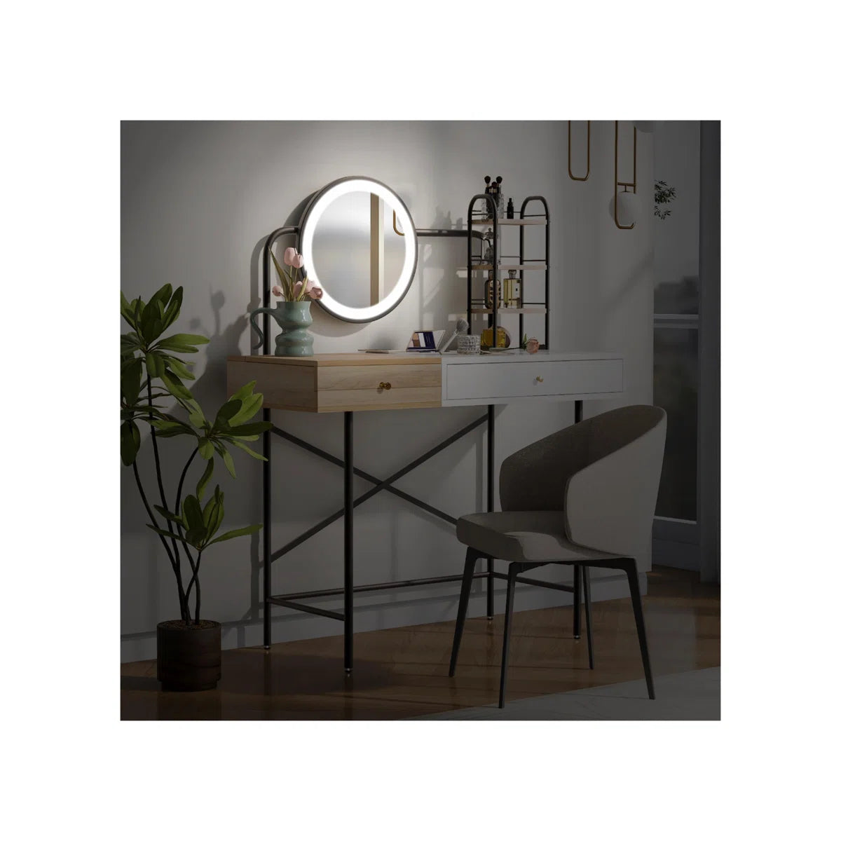 40" Vanity Table with Color-Changing LED Mirror & Wireless Charging Station – White Finish