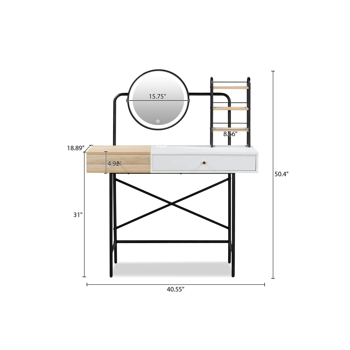 40" Vanity Table with Color-Changing LED Mirror & Wireless Charging Station – White Finish