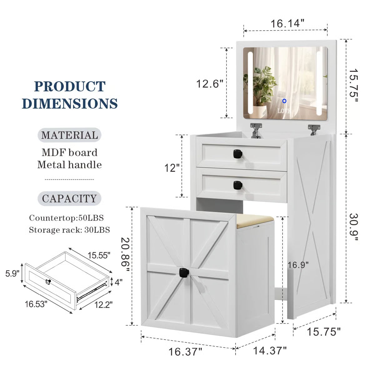 Rozelle Modern Vanity Table for Bedroom with Storage and Mirror