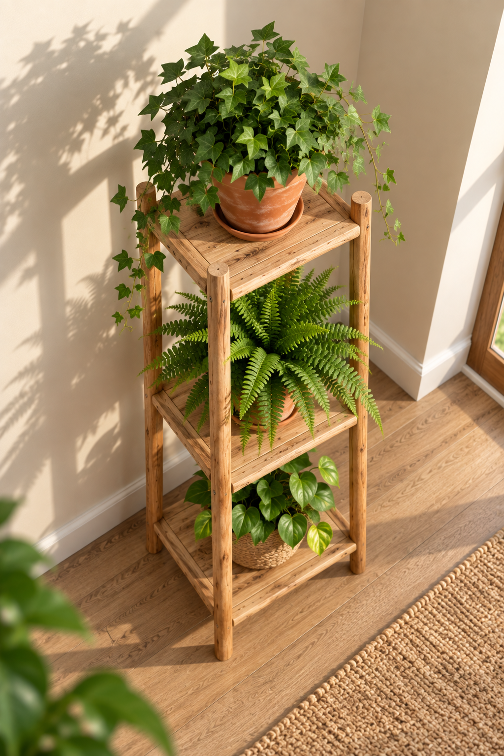 Rustic Wooden Plant Stand for Indoor Plants | 3-Tier Multi-Level Plant Shelf for Living Room, Balcony & Small Spaces