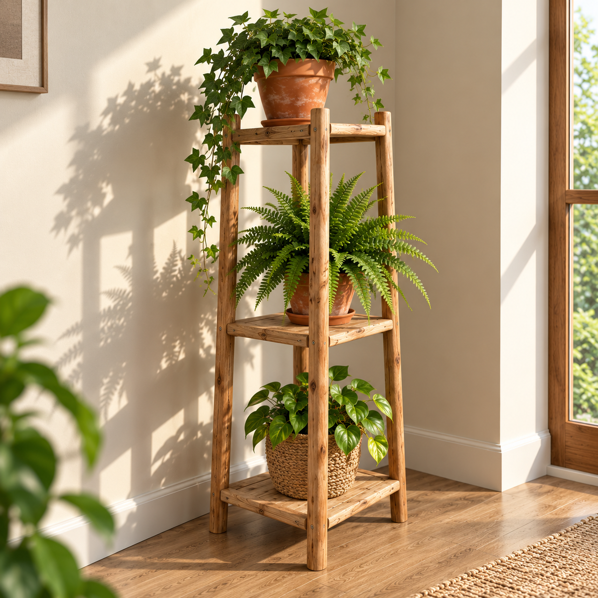 Rustic Wooden Plant Stand for Indoor Plants | 3-Tier Multi-Level Plant Shelf for Living Room, Balcony & Small Spaces