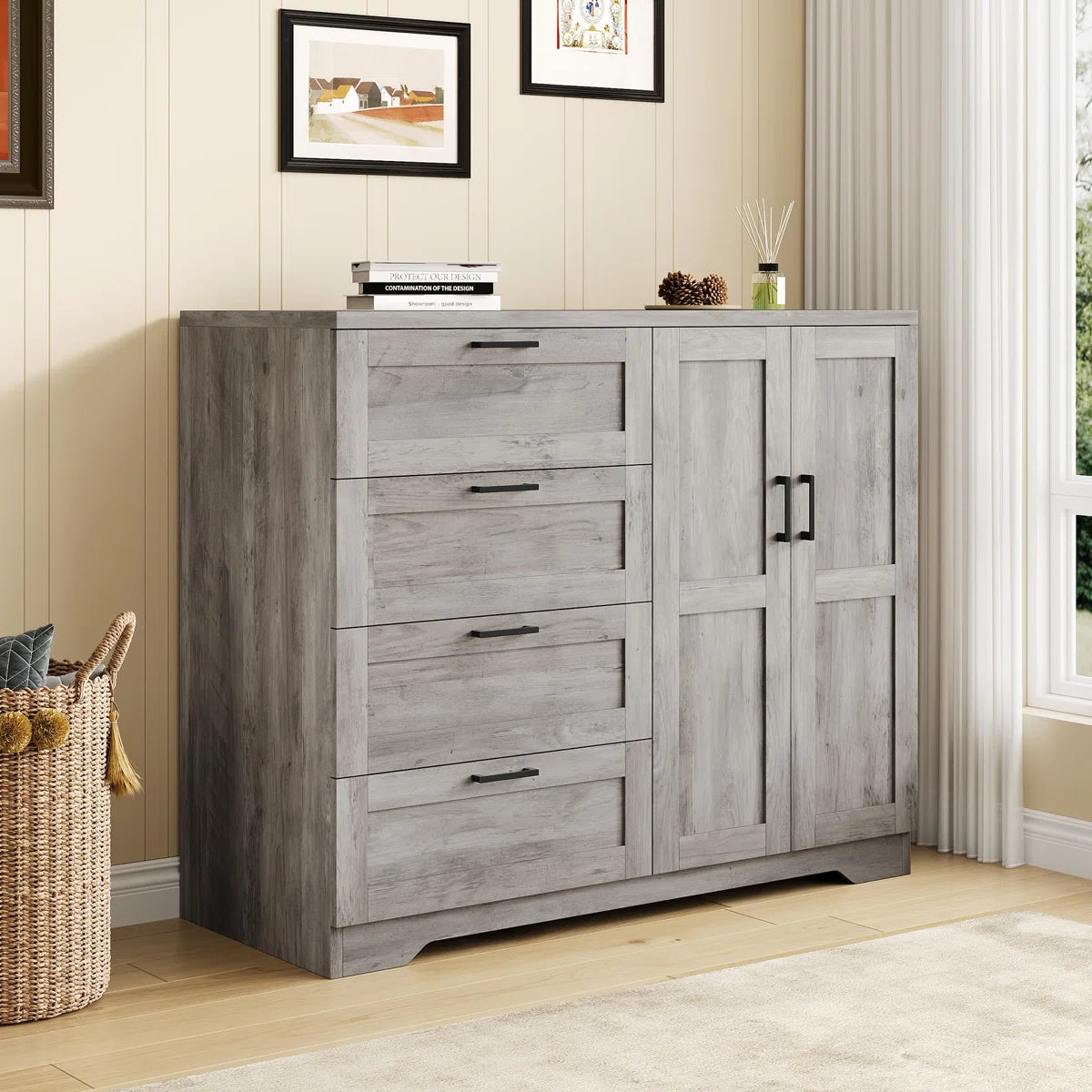 43.3" H Multifunctional Wooden Armoire with 4 Drawers, Hanging Rod & Storage Cabinet for Bedroom