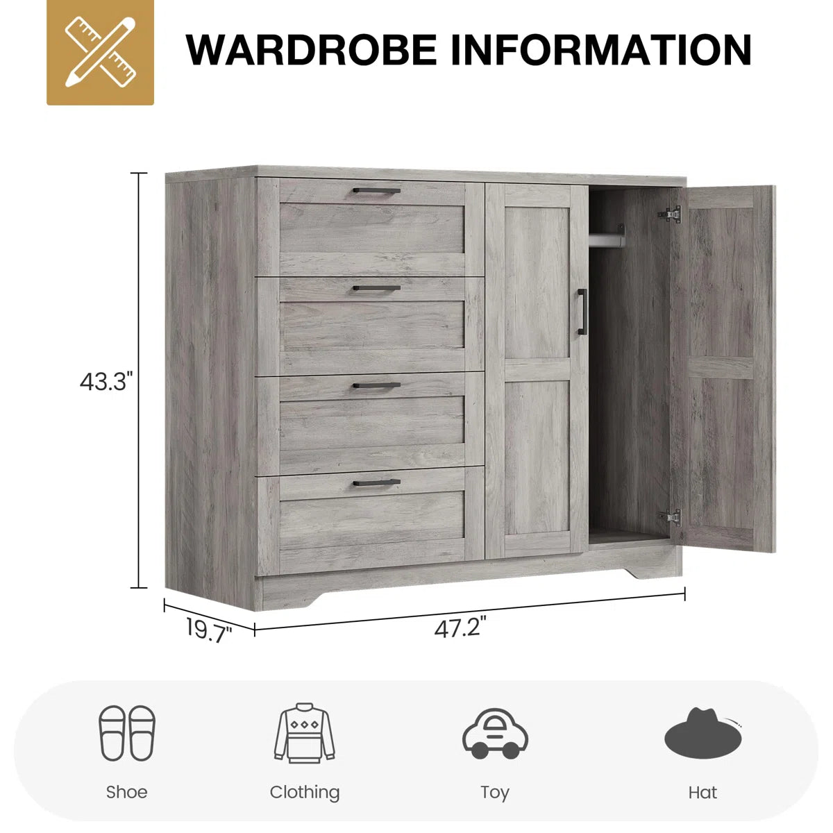 43.3" H Multifunctional Wooden Armoire with 4 Drawers, Hanging Rod & Storage Cabinet for Bedroom-OUCH CART | Wardrobe 