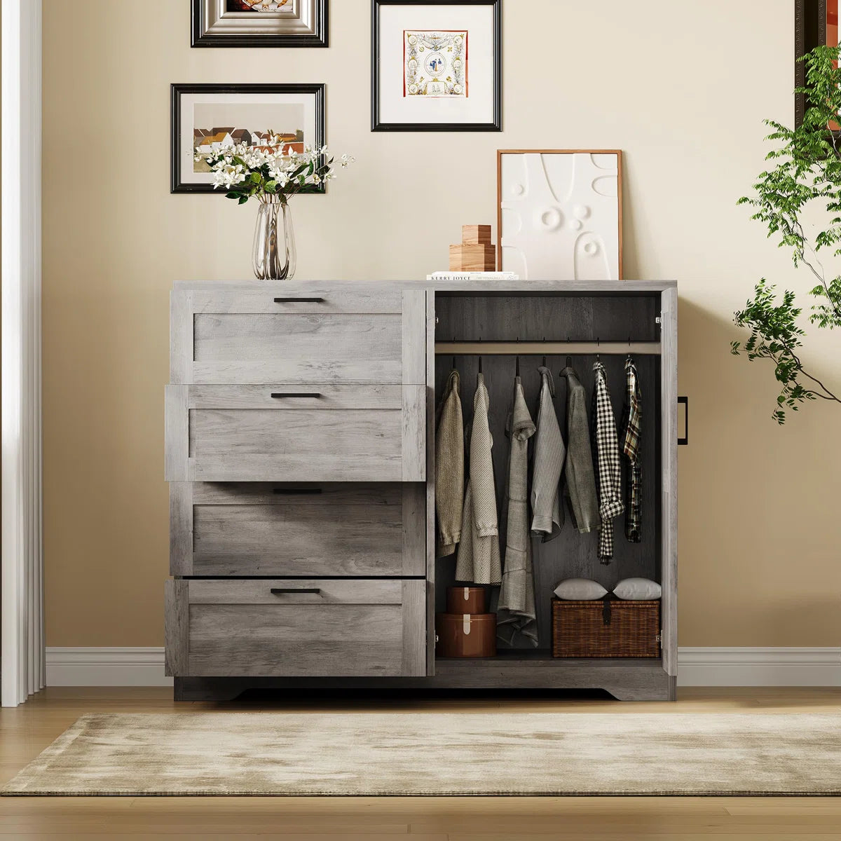 43.3" H Multifunctional Wooden Armoire with 4 Drawers, Hanging Rod & Storage Cabinet for Bedroom