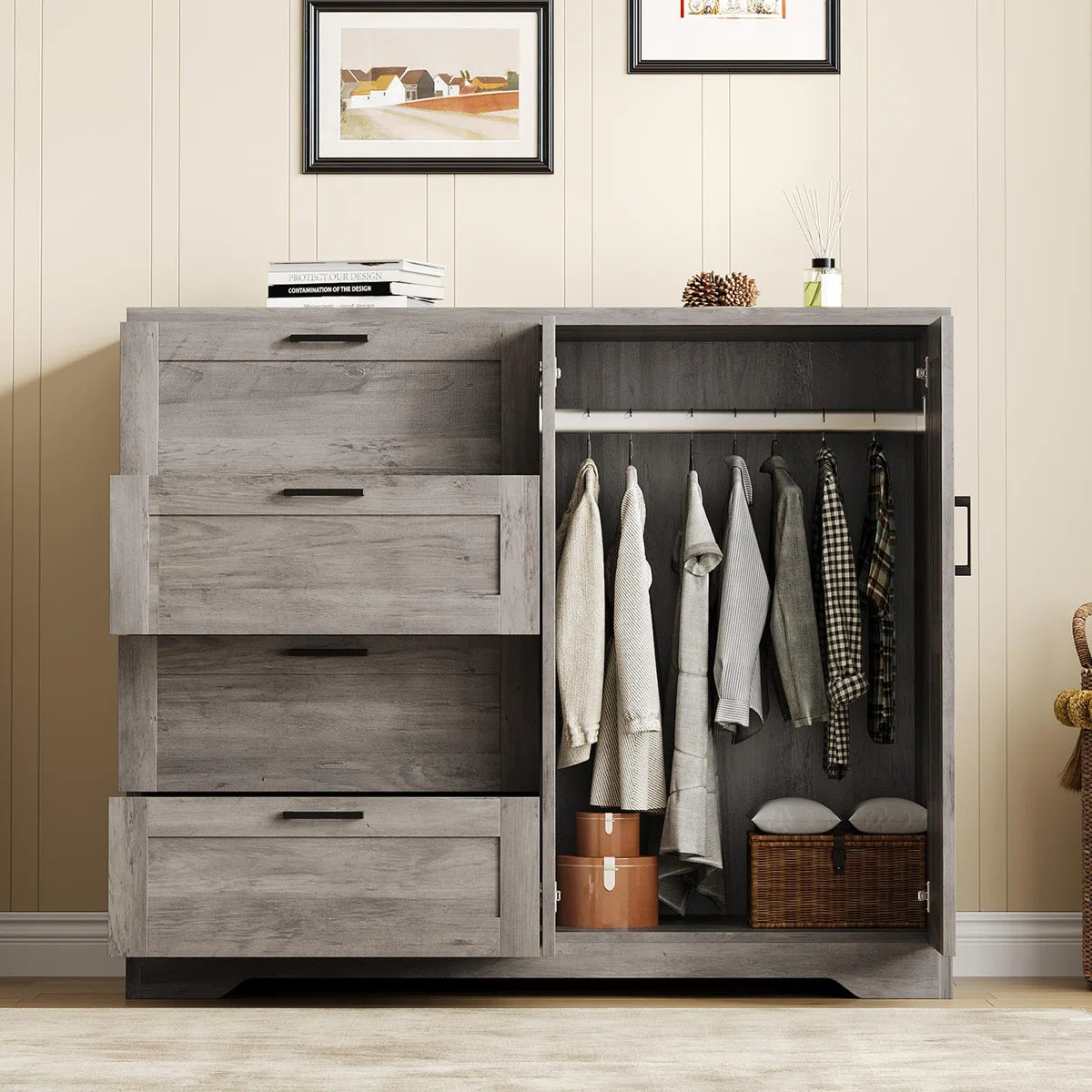 43.3" H Multifunctional Wooden Armoire with 4 Drawers, Hanging Rod & Storage Cabinet for Bedroom