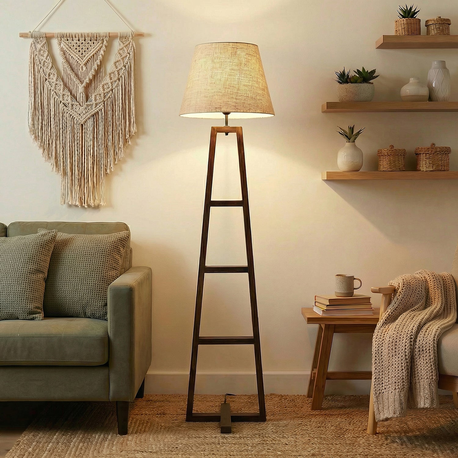 Salita Wooden Floor Lamp with Brown Base and Beige Fabric Lampshade (BULB NOT INCLUDED)