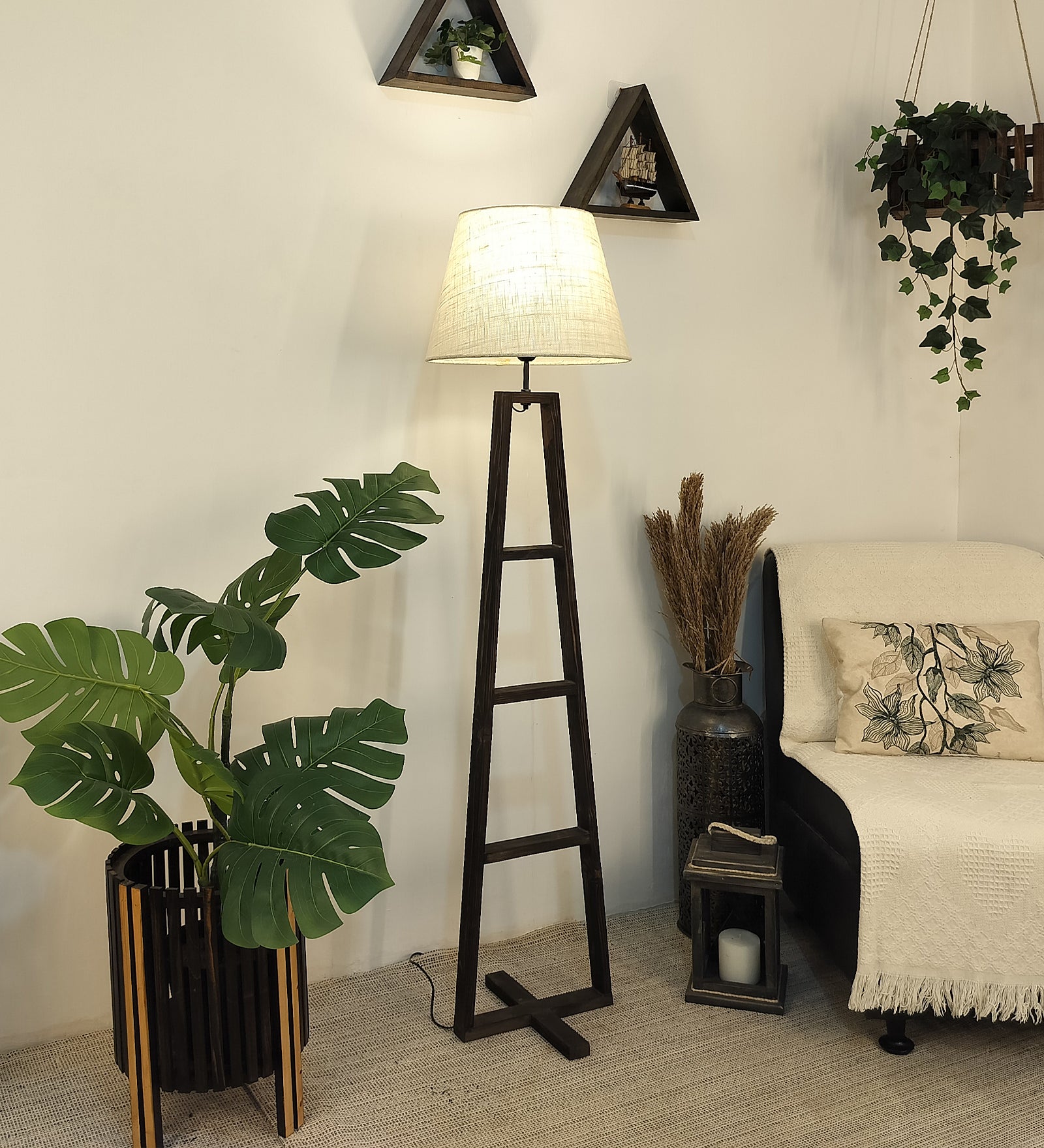 Salita Wooden Floor Lamp with Brown Base and Beige Fabric Lampshade (BULB NOT INCLUDED)