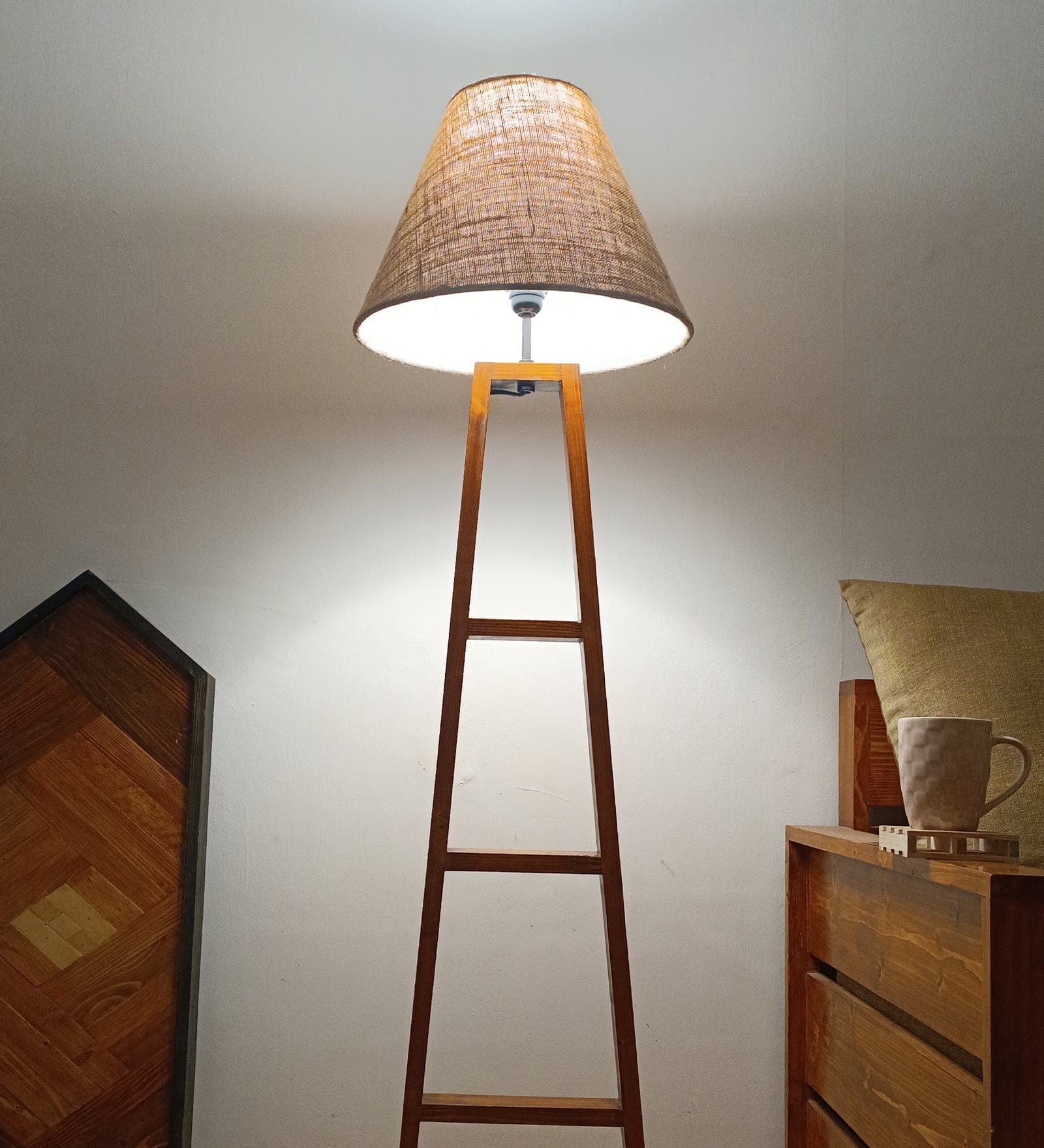 Salita Wooden Floor Lamp with Brown Base and Beige Fabric Lampshade (BULB NOT INCLUDED)