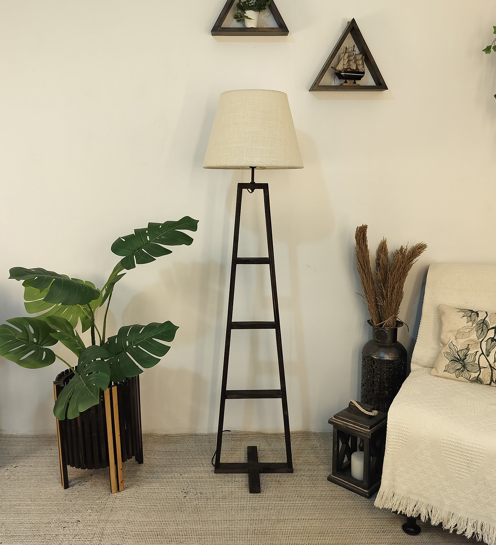 Salita Wooden Floor Lamp with Brown Base and Beige Fabric Lampshade (BULB NOT INCLUDED)