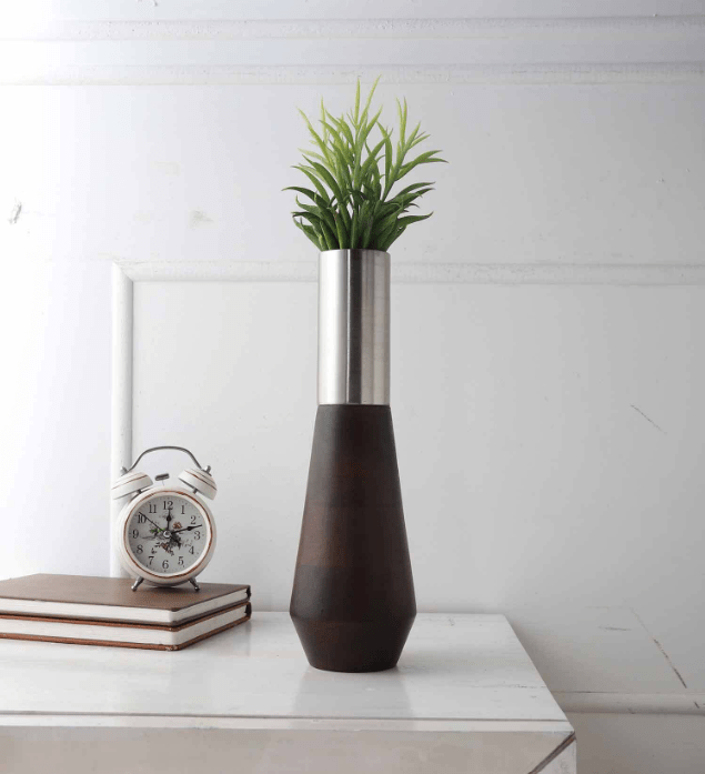 Tall Deidra Vase Metal Matt Silver & Black Wood,