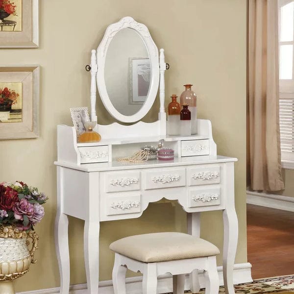 Zoey Vanity dressing table wooden with mirror with stool,  Vanity Desk with Mirror, Wood Makeup Dressing Table with Oval Mirror & Stool, Modern Bedroom Dressing Table with 7 Large Drawers for Kids Women Girls,White