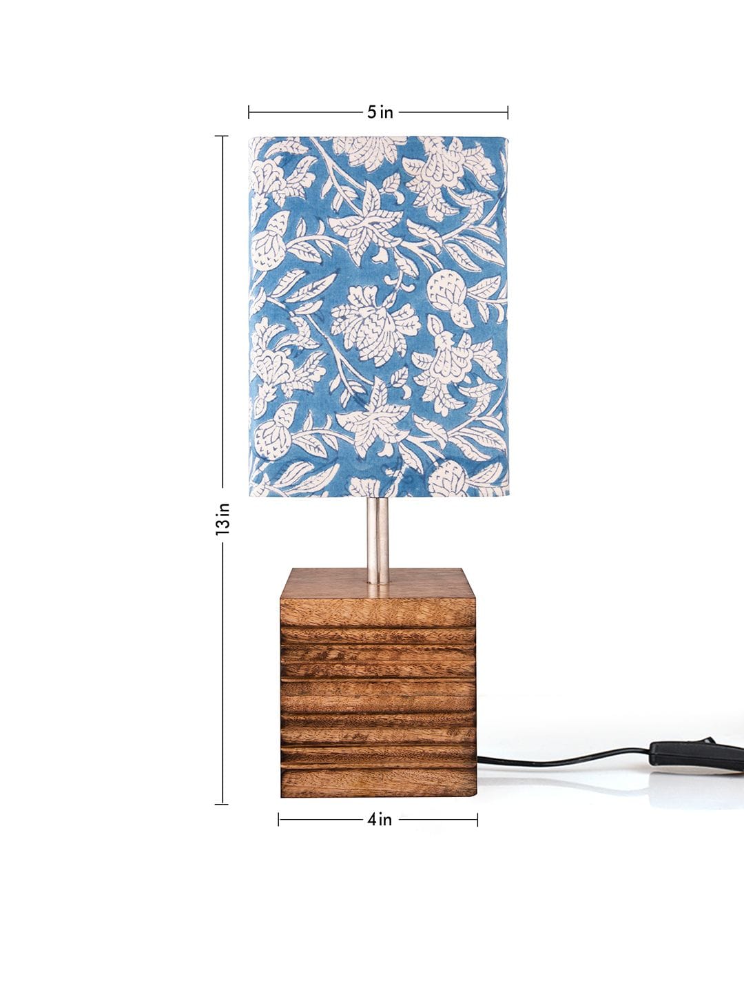 Wooden Stripped Cube Lamp with Colorful Blue Shade