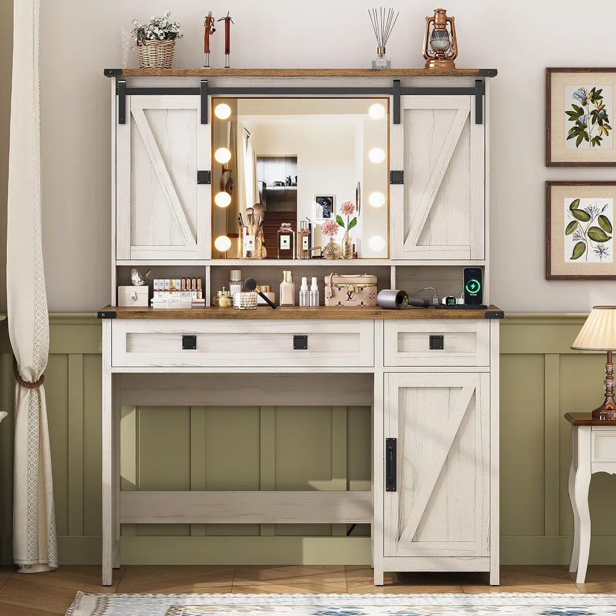 Shiala Farmhouse Makeup Vanity Table 41" with Mirror and Storage Cabinets for Bedroom
