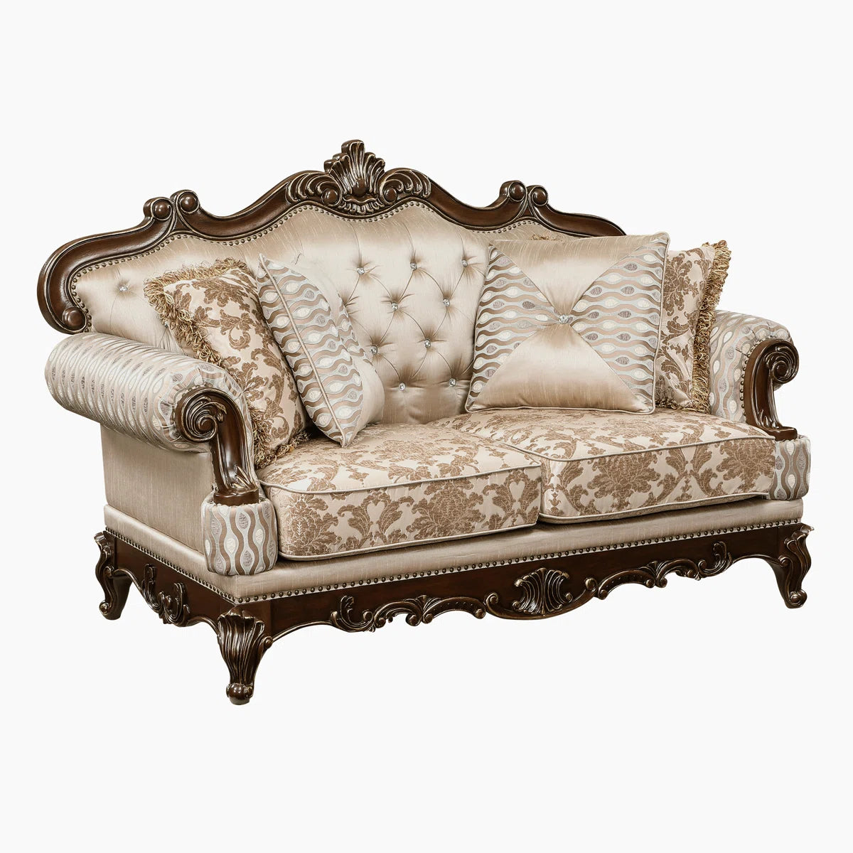 Shonta 69.5" Traditional Upholstered Loveseat - Chenille Loveseat with Faux Crystal Tufted Design, Elegant Nailhead Trim, Luxurious Chenille & Silk-like Fabric, Durable Wood Frame with Cherry & Gold Finish, Reversible Seat Cushions