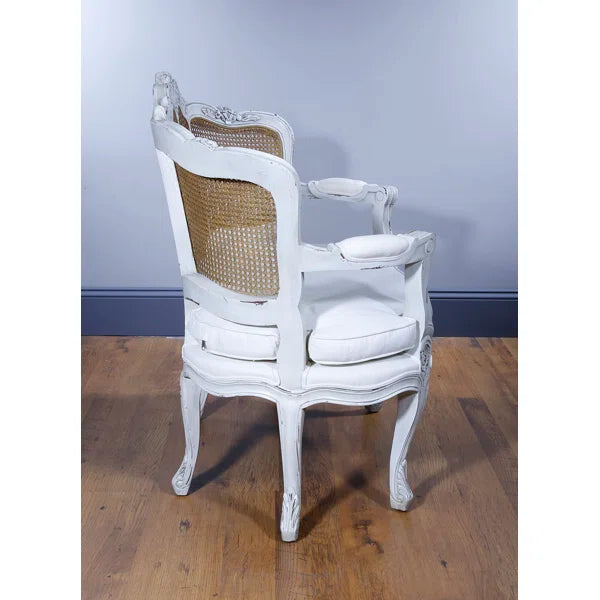 Hand-Carved Solid Mahogany Linen Armchair with Cane Back – Classic Antique Accent Chair