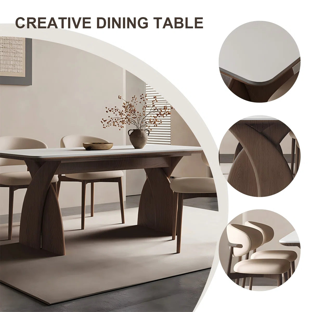 Sintered Composite marble &Solid Wood Oak white and brown Dining Table and Chair Set,6-Chairs