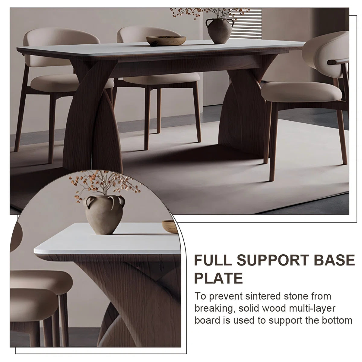 Sintered Composite marble &Solid Wood Oak white and brown Dining Table and Chair Set,6-Chairs