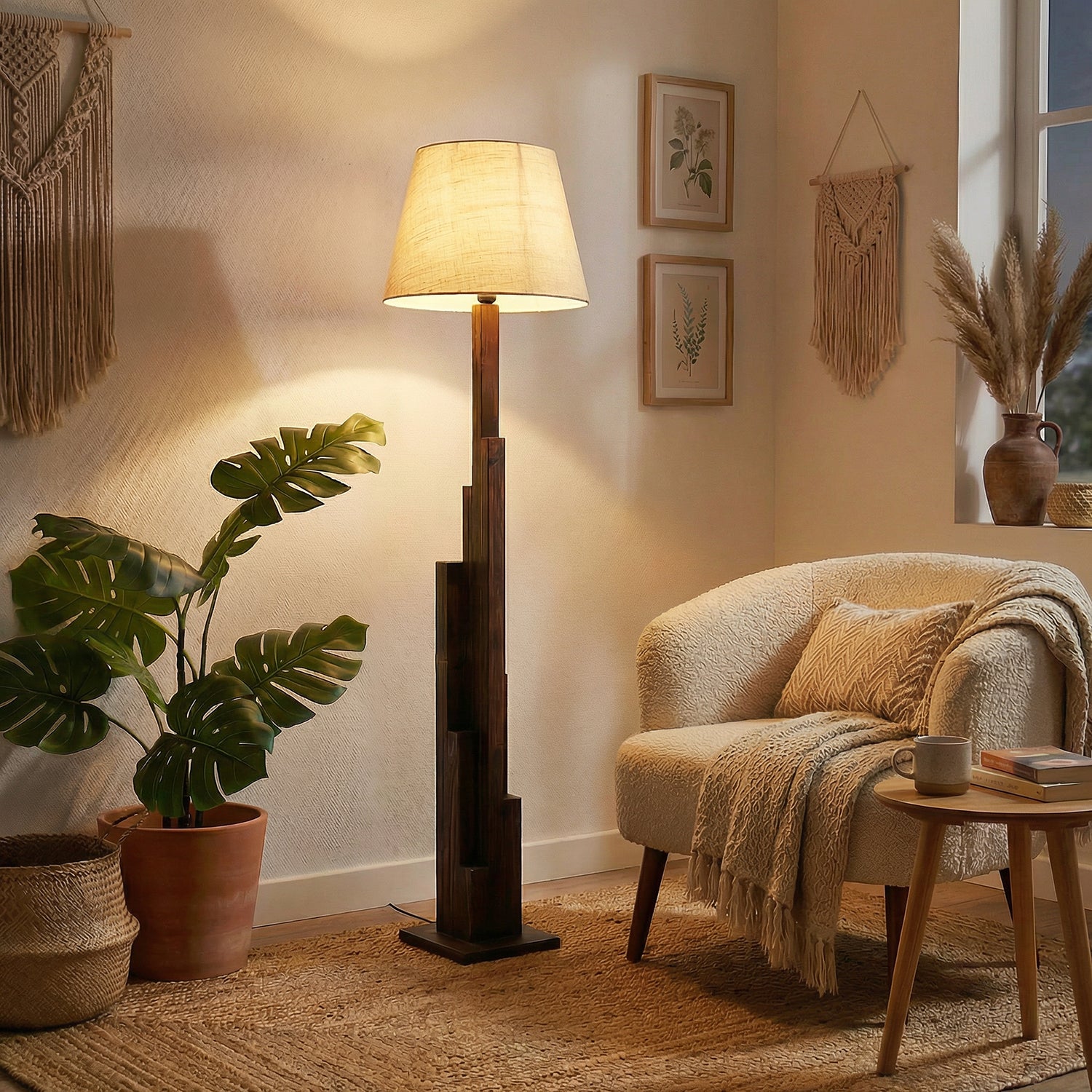 Skyline Wooden Floor Lamp with Brown Base and Yellow Printed Fabric Lampshade