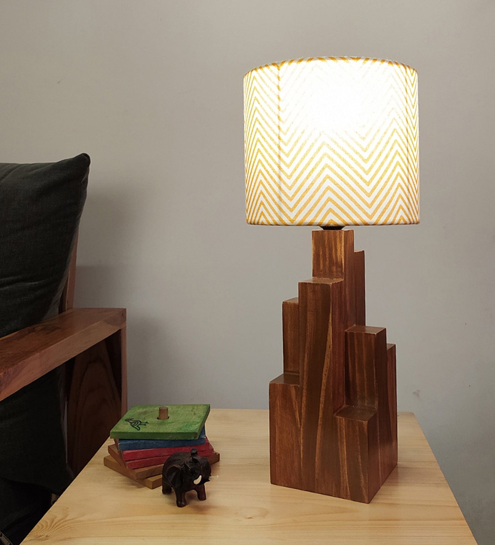 Skyline Brown Wooden Table Lamp with Yellow Printed Fabric Lampshade (BULB NOT INCLUDED)