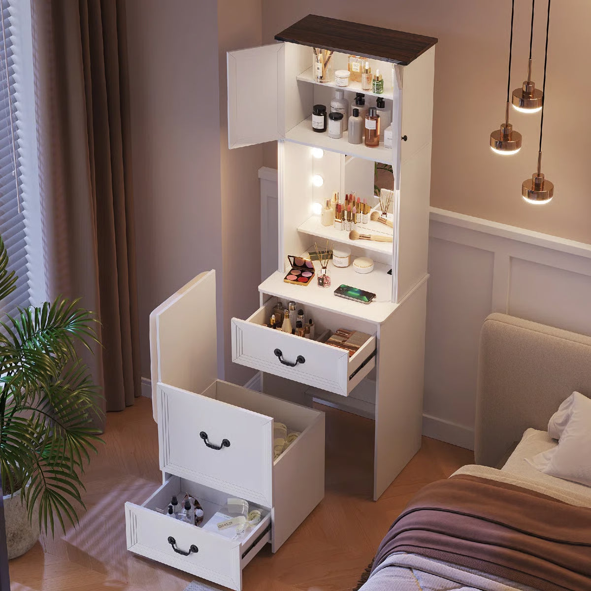 Small Lighted Makeup Vanity Table with Drawers and LED Mirror