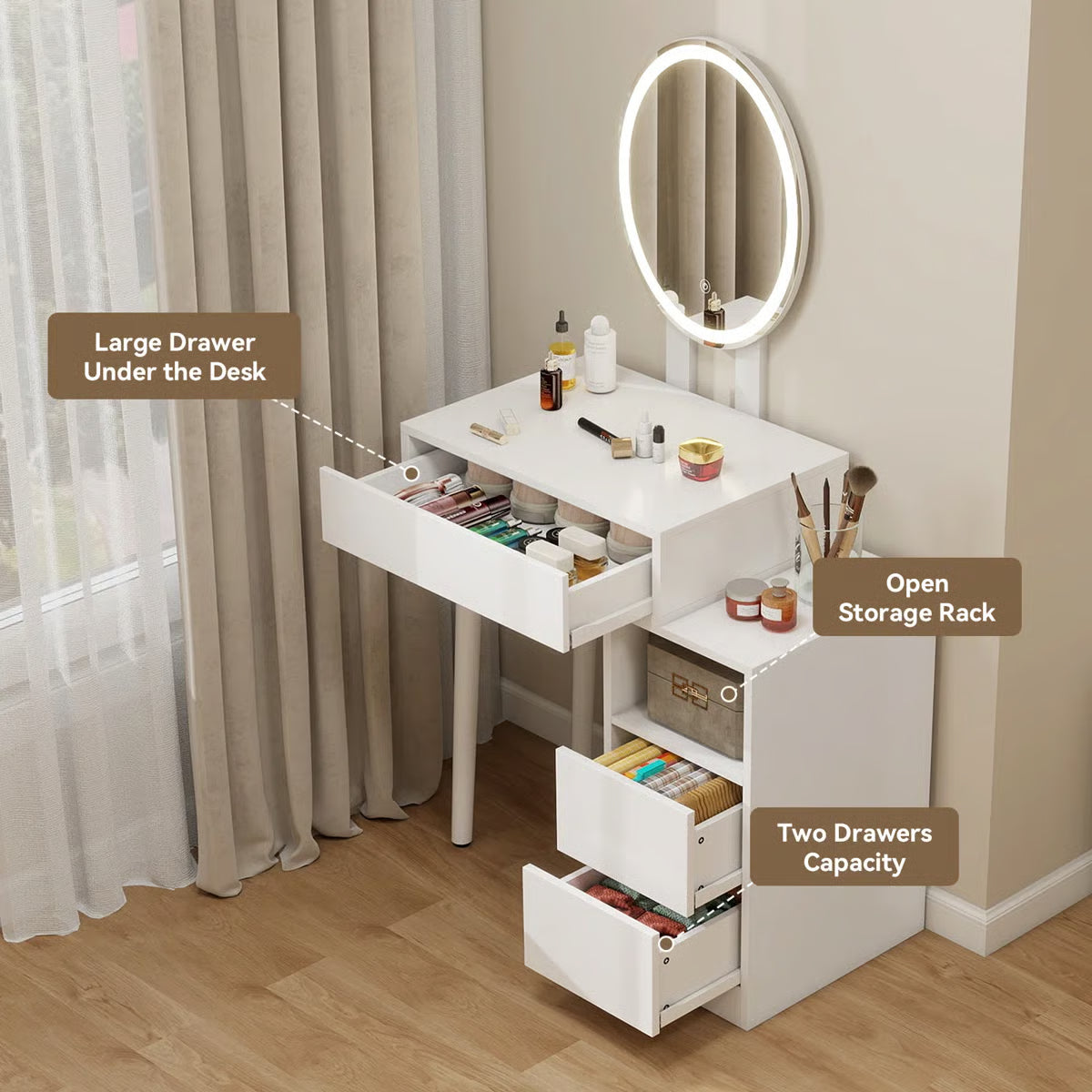 Space-Saving Small Makeup Vanity Table with Adjustable Lighted Mirror - OUCH CART | Dressing table 